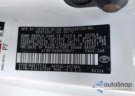 2017 Toyota Camry Se z USA, uszkodzony, nr VIN 4T1BF1FK0HU776571
